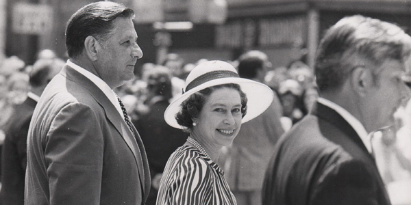 Photograph of Queen Elizabeth and former Philadelpha Mayor Frank Rizzo taken by photojournalist and Dumster Diver Neil Benson during the Queens 1976 visit to Philadelphia celebrate the Bicentennial of the United States of America.